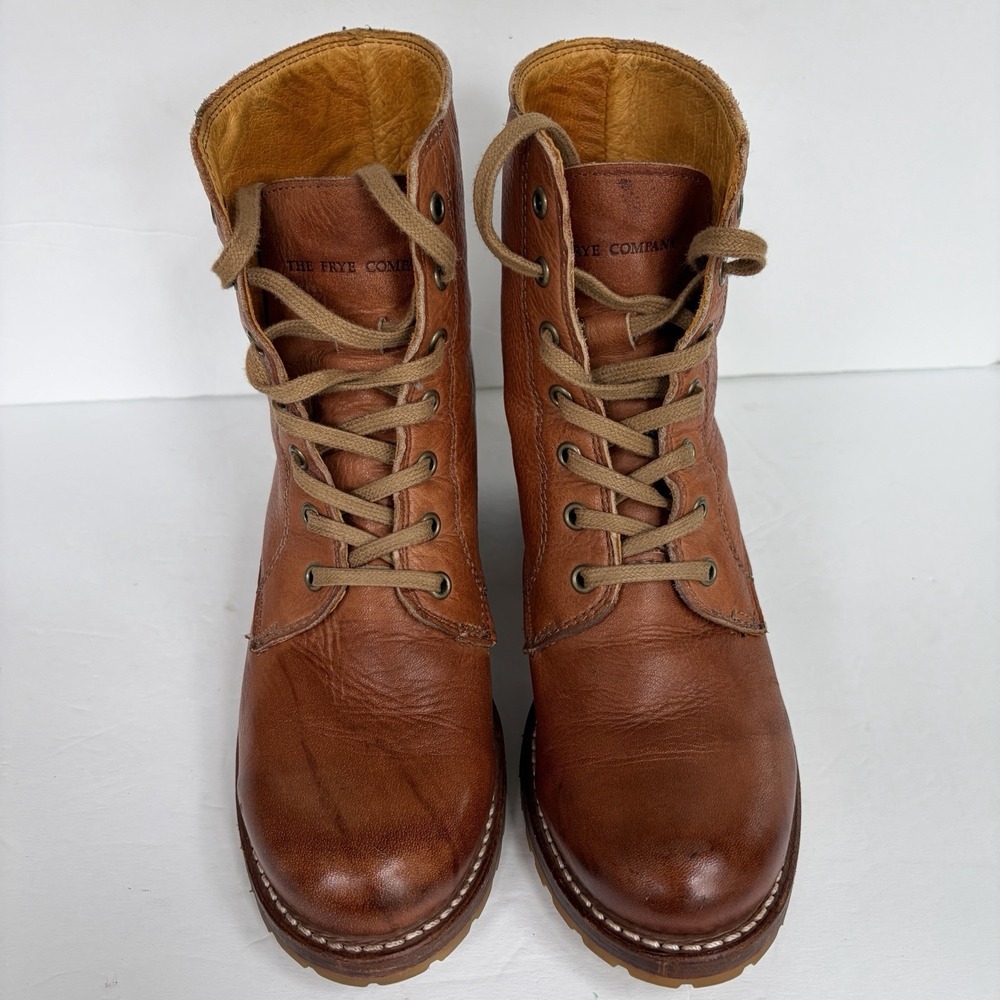 Vintage Frye Sabrina 6G Lace Up Boot 7.5 Saddle Leather Made USA Vibram Lug Heel - Picture 4 of 16